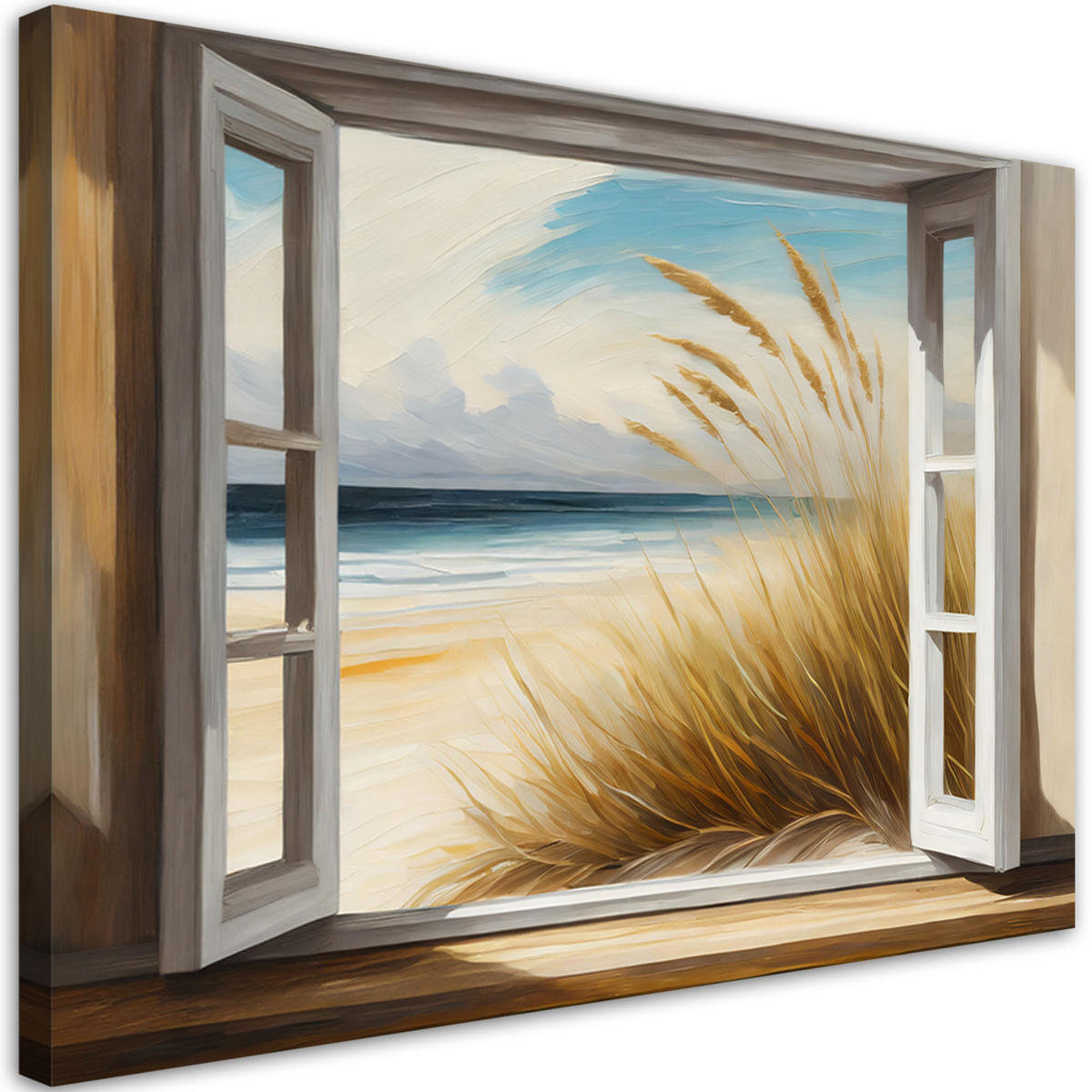 LEINWANDBILD Blick aus dem Fenster auf den Strand 120x80cm - Gelb, Textil (120/80cm) - Feeby