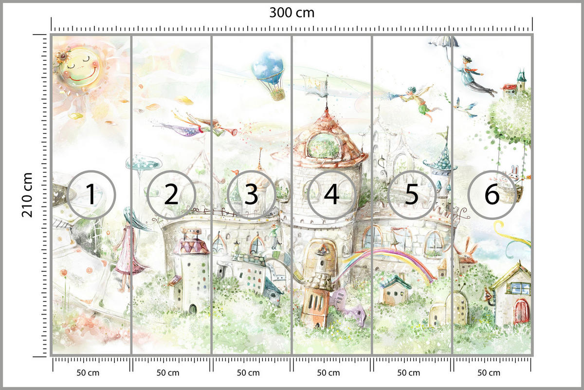 FOTOTAPETE für Kinderzimmer Märchenstadt Schloss Magisch 300x210 - Blau/Gelb, Papier (300/210cm) - Muralo