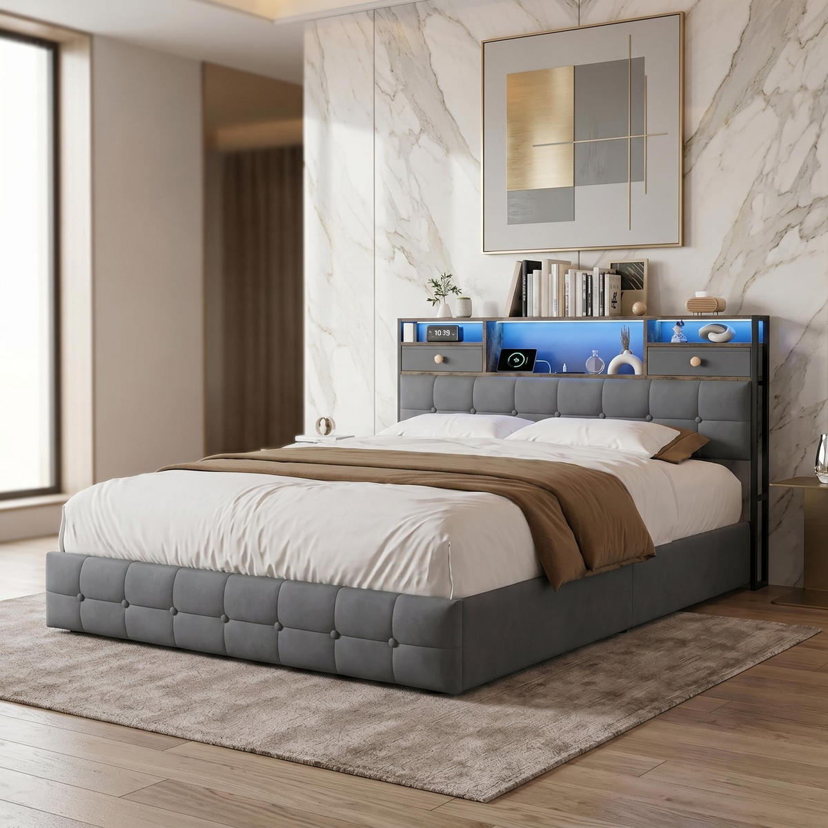 BETT mit hydraulischem Bettkasten, 140/200 cm, mit Samtbezug, LED-Beleuchtung und USB-Anschlüssen, Grau - Grau, Textil/Metall (140/200cm) - Waldena