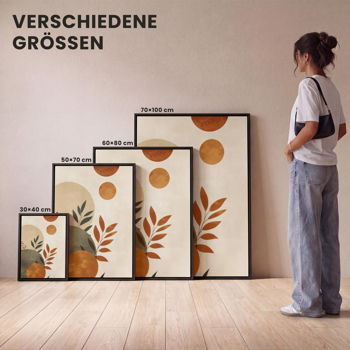 LEINWAND Bilder mit Rahmen - Formen - Rund - Blätter - Beige - 30x40 - Rostfarben, Textil (30/40cm) - MuchoWow