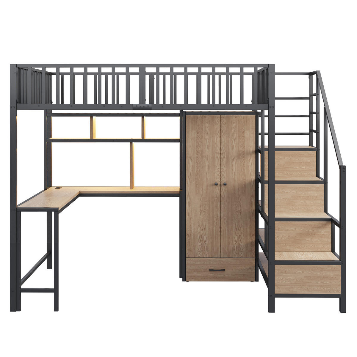 HOCHBETT 140/200 cm Schwarz aus Metall mit Schreibtisch und Stauraum - Schwarz, Metall (140/200cm) - OKMYHOME