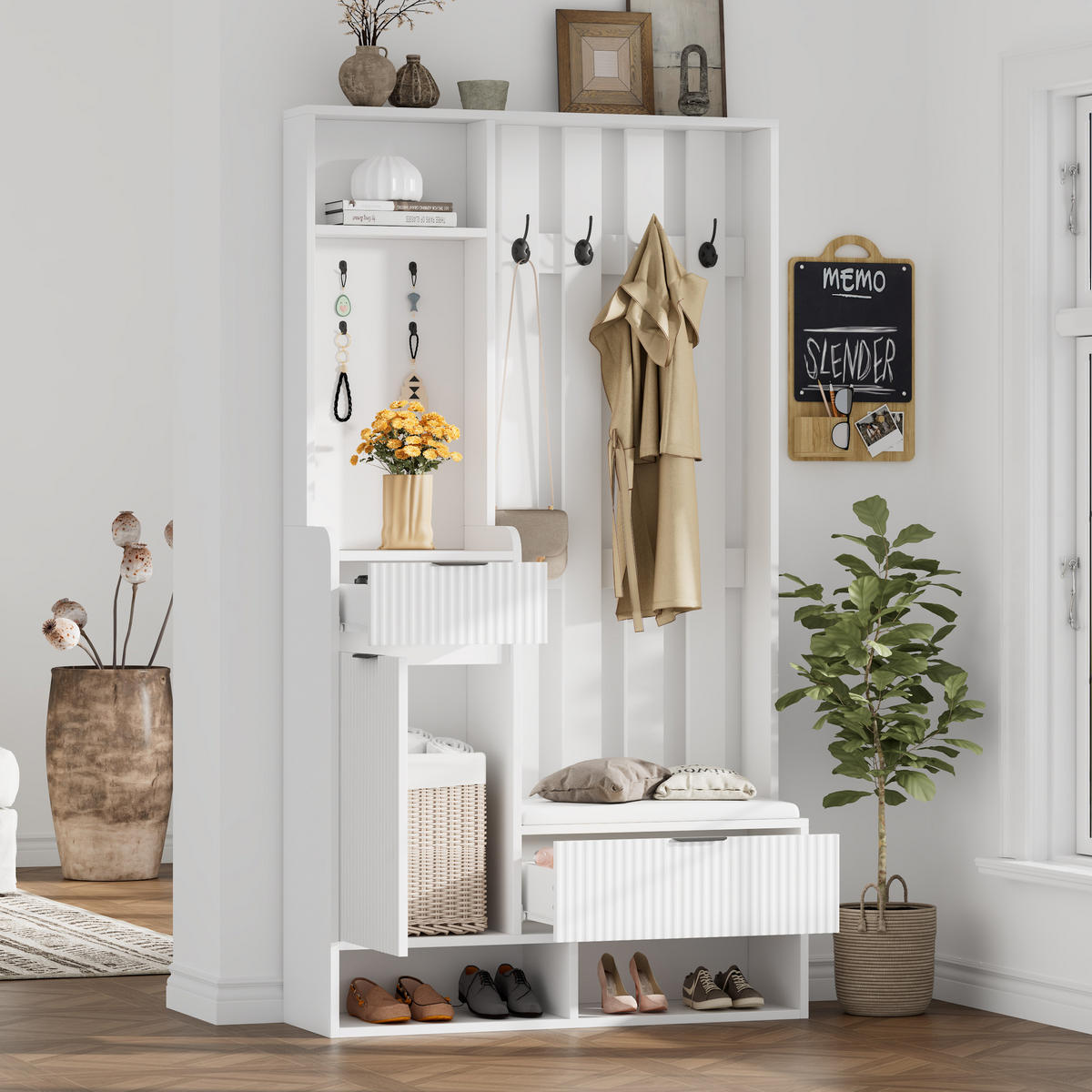 SCHUHSCHRANK aus Spanplatte 100x30x180cm in Weiß mit 8 Haken & Sitzkissen - Weiß, Holzwerkstoff (100/180/30cm) - Modfu