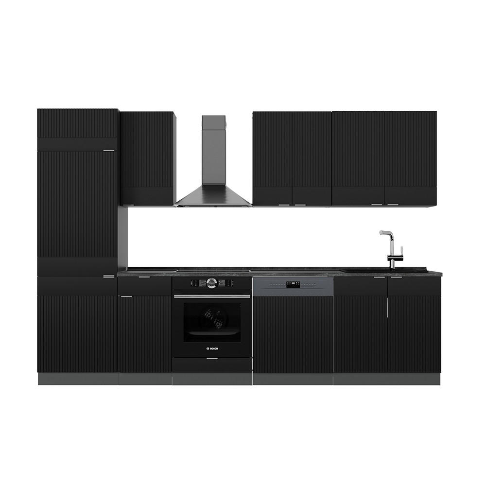 KÜCHENZEILE Fame-Line, Schwarz gestreift/Anthrazit, 300 cm, AP Anthrazit - Anthrazit/Schwarz, Holzwerkstoff (300/81.6/60cm) - Vicco