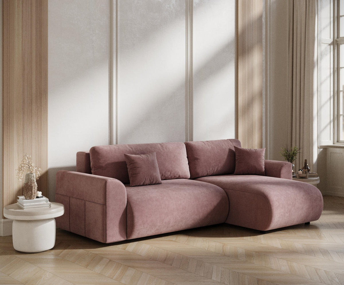 ECKSOFA MIT SCHLAFFUNKTION Bodega Rose Samtstoff - Schwarz/Rosa, Holz/Holzwerkstoff (235/138cm) - Maison de Reve