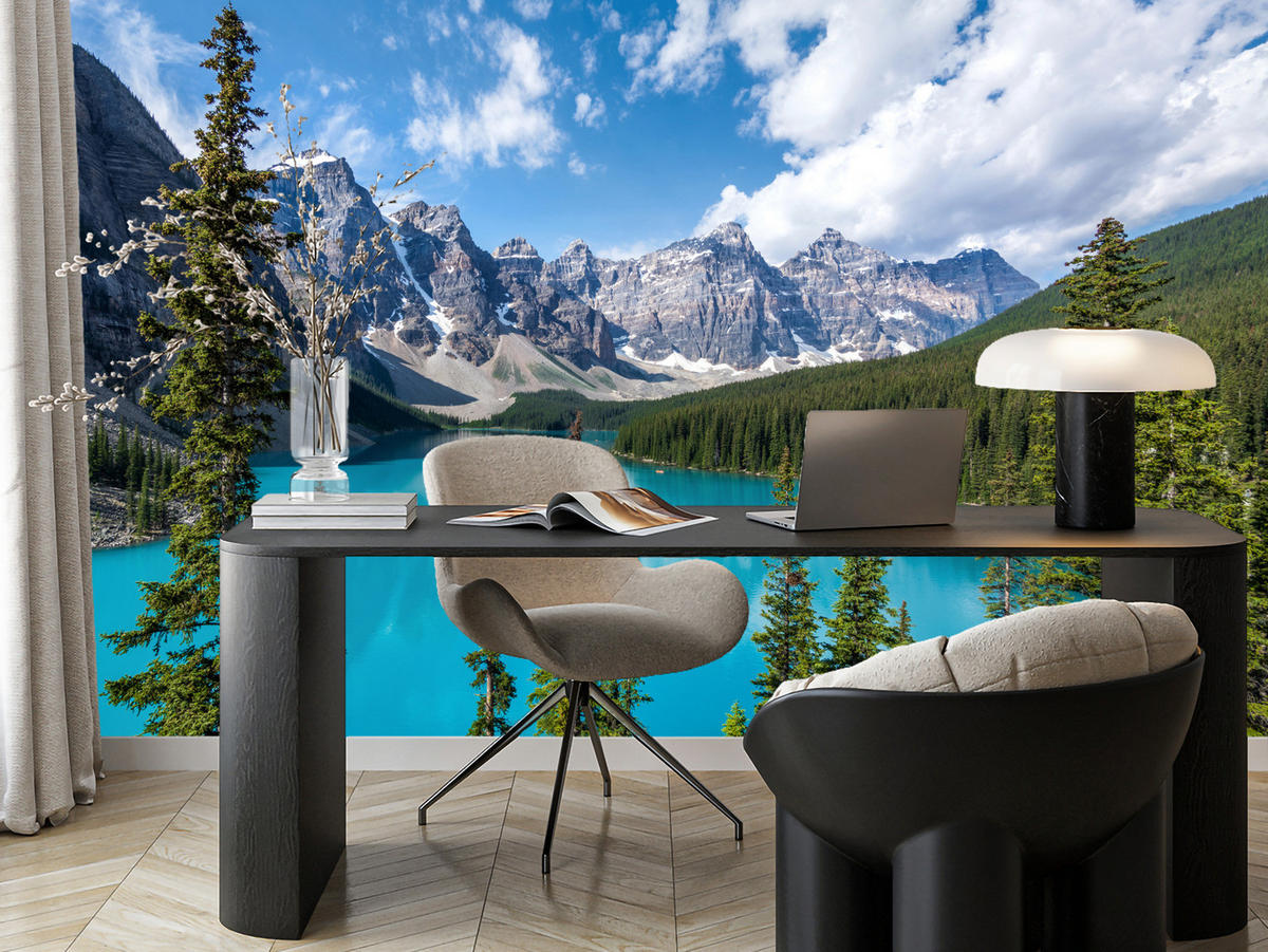FOTOTAPETE See Berge Wald Landschaft 3D 400x280 - Türkis/Blau, Papier (400/280cm) - Muralo