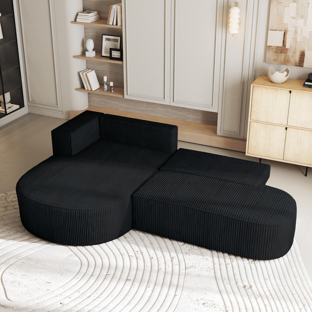 ECKSOFA CORTIO P L-S Schwarz Kordstoff mit Schlaffunktion - Schwarz, Holz (265/174cm) - MASSENO