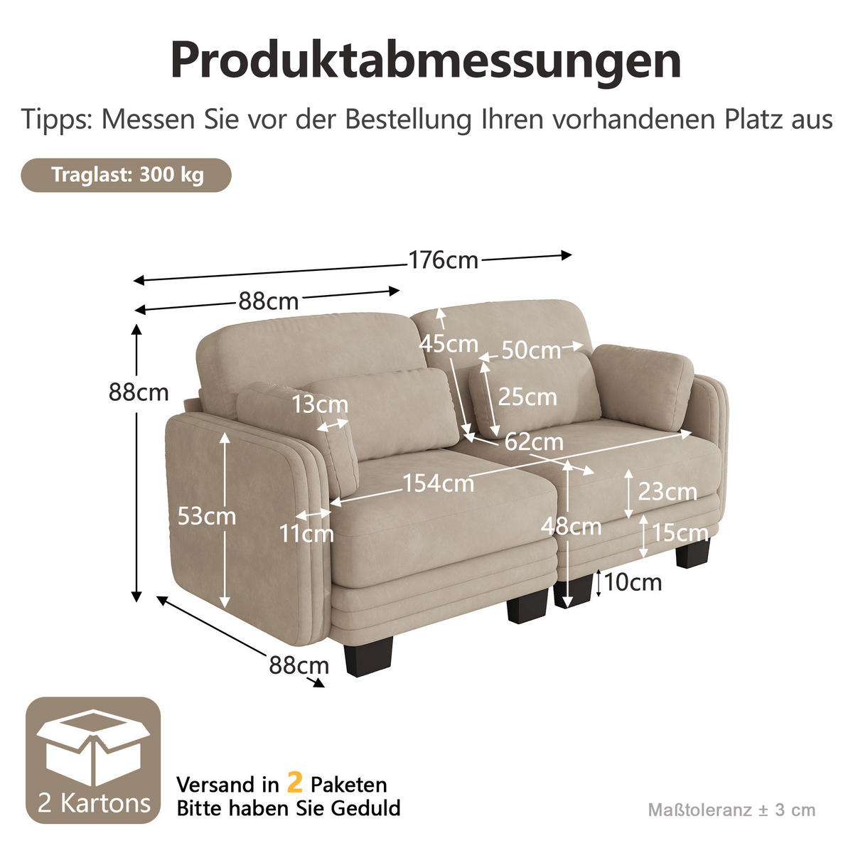 2-SITZER-SOFA Modular Chenille mit Kissen, DE-42686, Hellbraun - Hellbraun, Holz (176/88/88cm) - ComfortXL