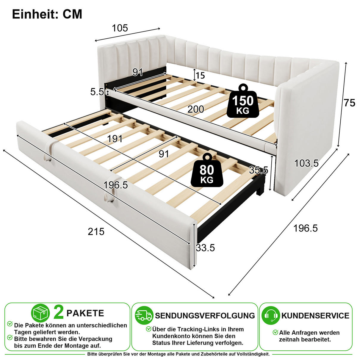 SCHLAFSOFA 90/200 cm & 90/190 cm in Weiß Samt mit Ziehbett - Weiß, Holzwerkstoff/Textil (90/200cm) - CHICFURN
