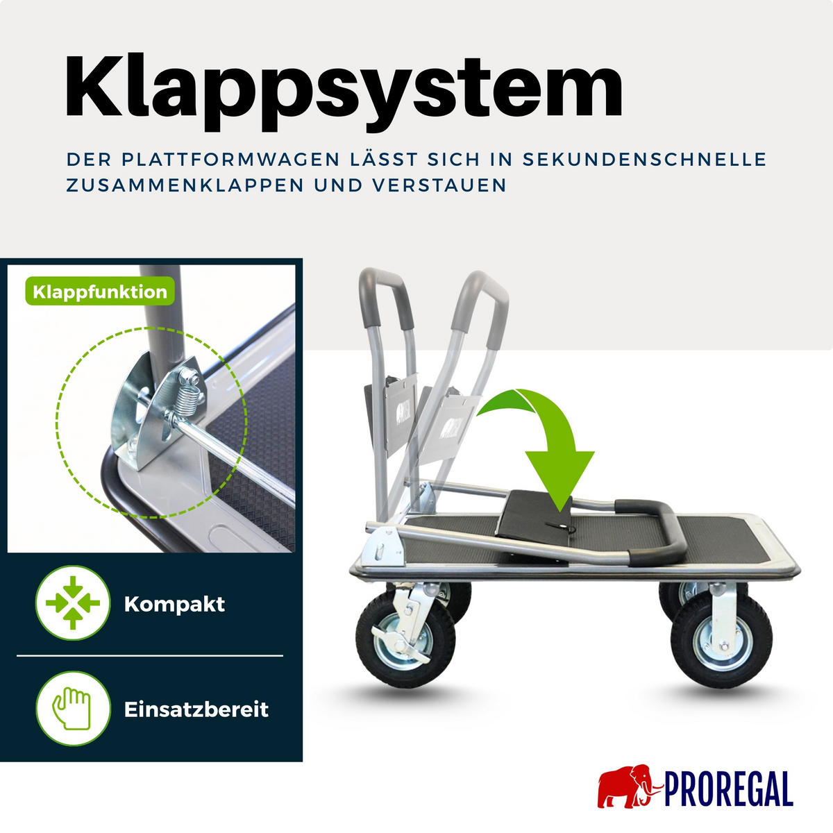 PLATTFORMWAGEN Transportwagen Rhino 300kg klappbar mit Luftreifen & Werkzeugtasche - Schwarz, Metall (90/60/94cm) - PROREGAL
