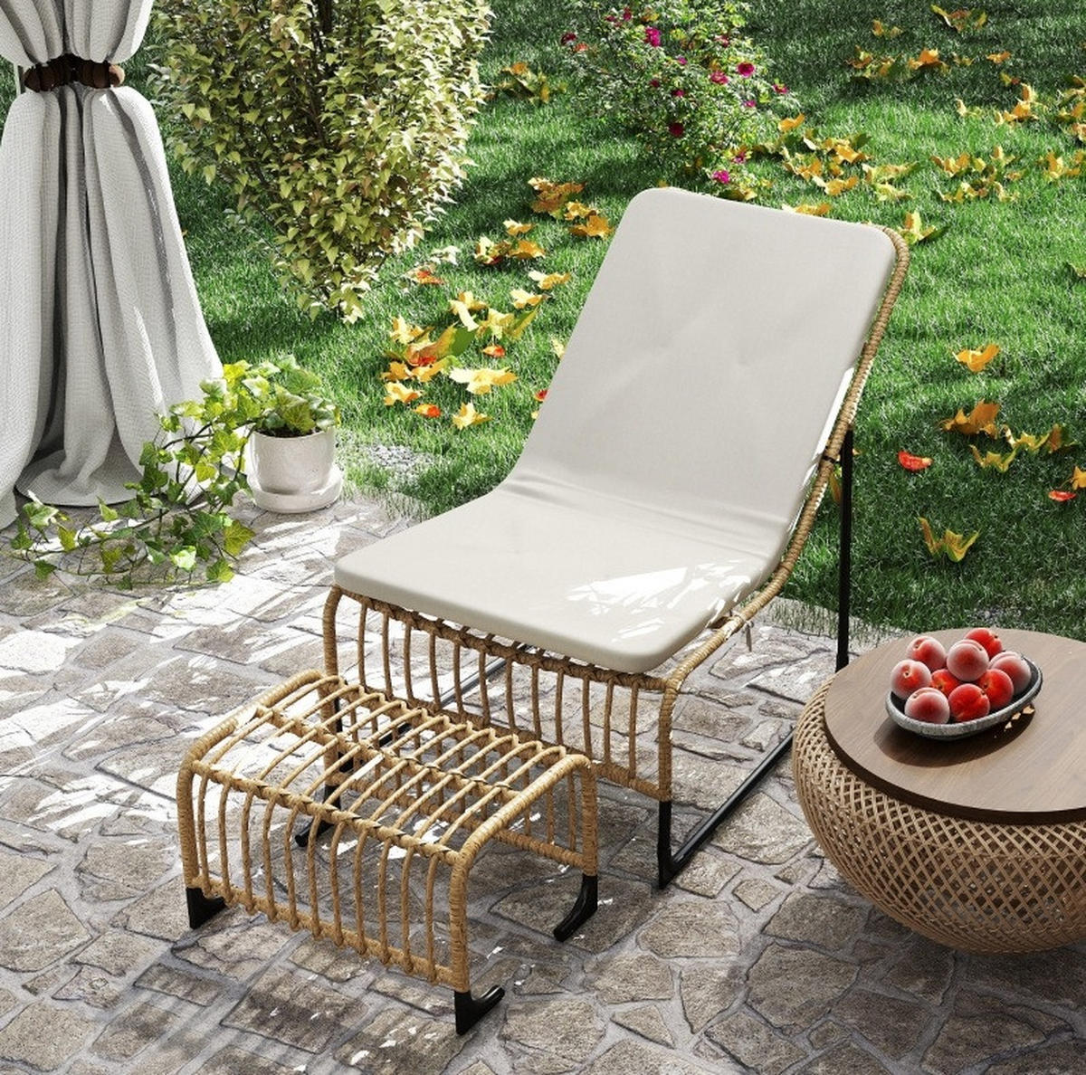GARTEN-RELAXSESSEL aus Rattan & Metall 65x93x80 cm in Beige mit Fußhocker - Beige, Metall (65/80/96cm) - Modfu