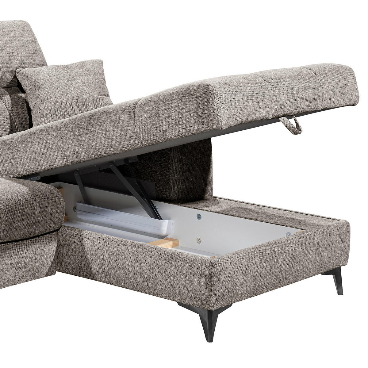 ECKSOFA mit Longchair - Kopfstütze verstellbar, Schlaffunktion, Bettkasten - Taupe/Schwarz, Kunststoff/Textil (268/172cm) - home24