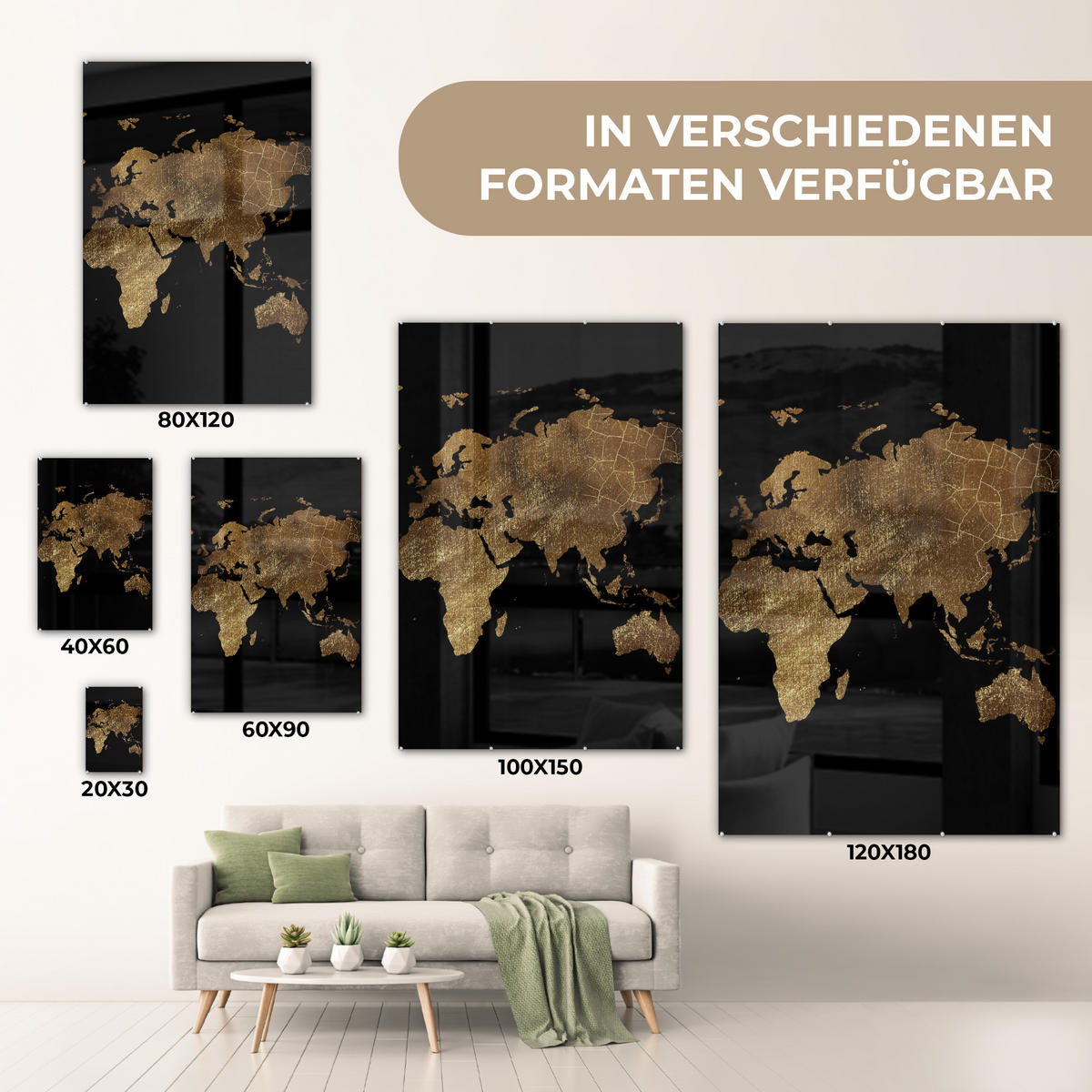 ACRYLGLASBILD Weltkarte - Gold - Luxus - Erde - Schwarz 60x90 cm - Goldfarben, Glas (60/90cm) - MuchoWow