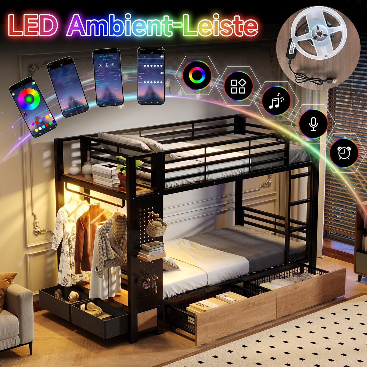 ETAGENBETT 90/200 cm Schwarz mit 4 Schubladen, LED-Lichtleiste und Kleiderstange - Schwarz, Metall (90/200cm) - Oxeza
