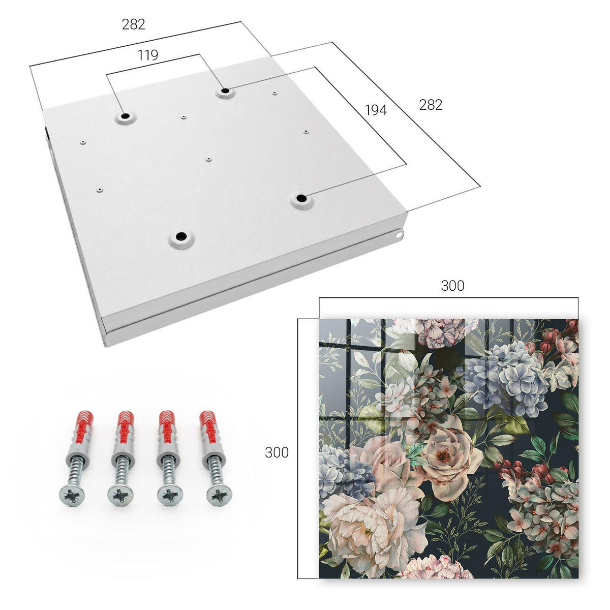 SCHLÜSSELBOX Weiß 30x30 cm – Türöffnung nach rechts - Blumenmuster - Grün, Metall (30/30/5cm) - TULUP