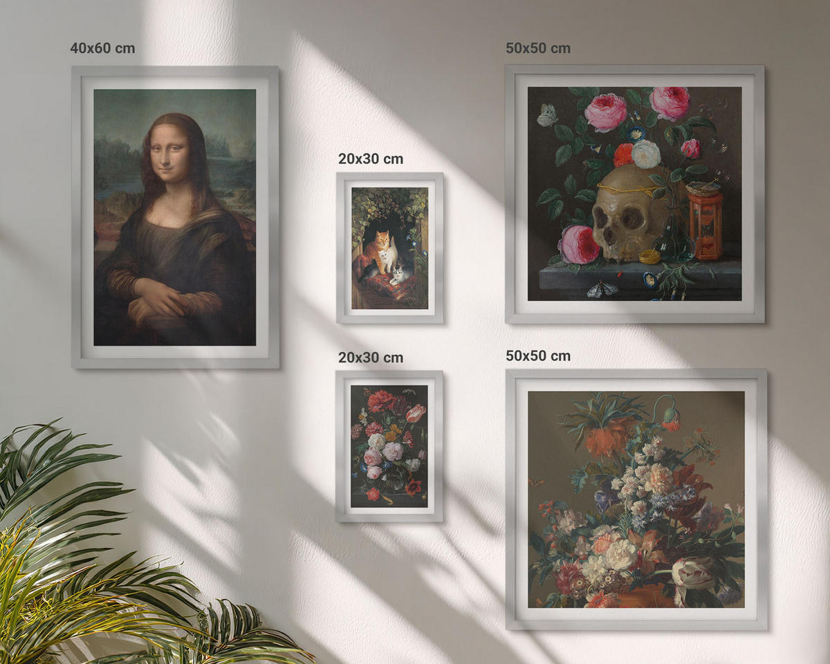 WANDBILDER 5er Set - 50x50 cm & 20x30 cm & 40x60 cm Silberner Rahmen - Vintage Blumen Totenkopf Mona Lisa - Silberfarben, Kunststoff (40/60cm) - ArtPrintCave