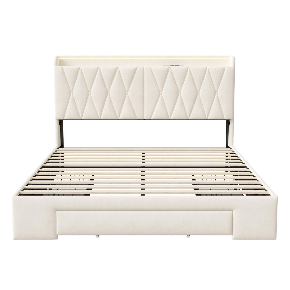 POLSTERBETT 160/200 cm mit Schubkasten‑Stauraum, LED‑Beleuchtung & USB‑Anschluss, Chesterfield‑Samtkopfteil - Beige, Holz/Metall (160/200cm) - Joyfair