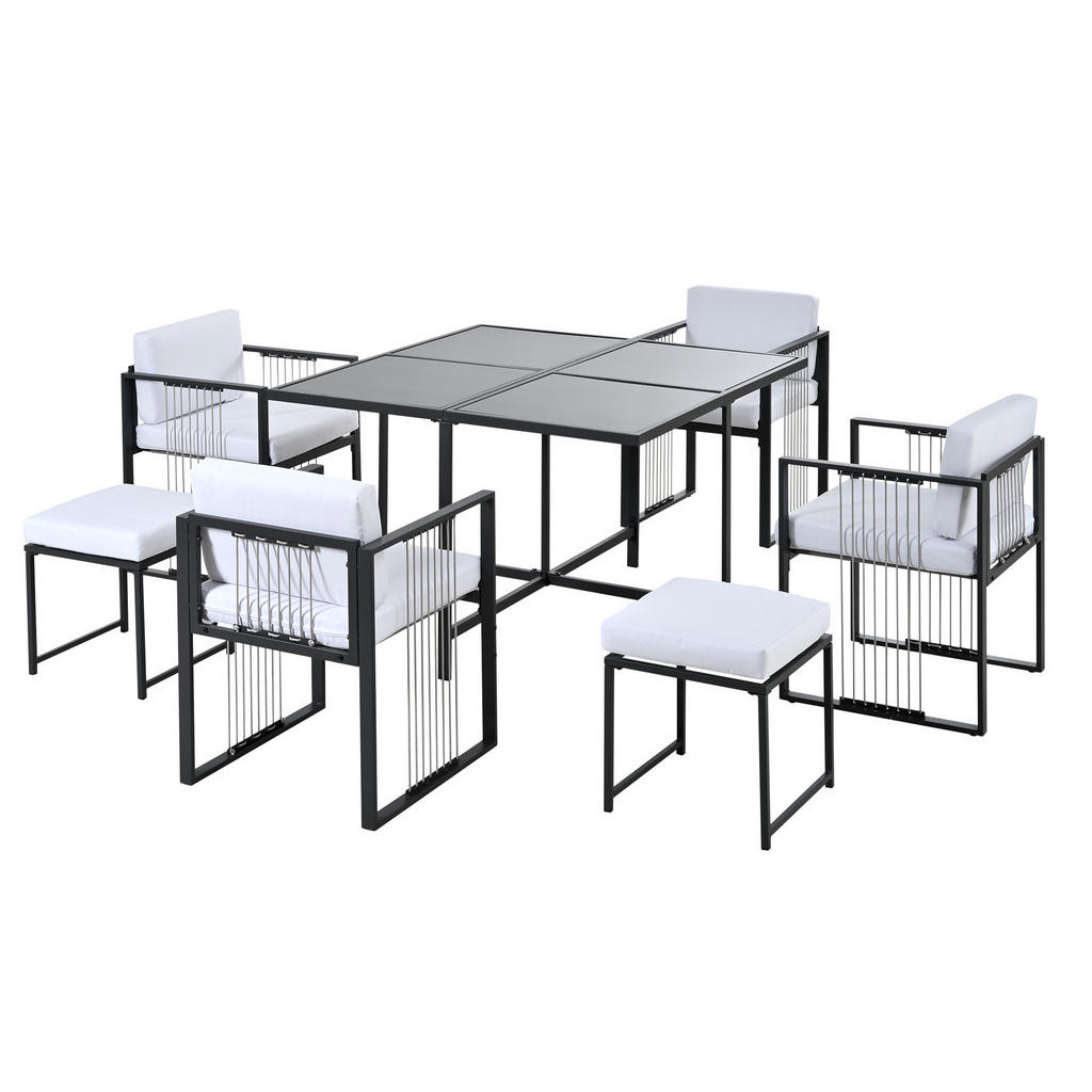 Modfu ZAHRADNÍ jídelní set z kovu a skla 117x117x73 cm černobílý pro 6 osob s odolnou konstrukcí