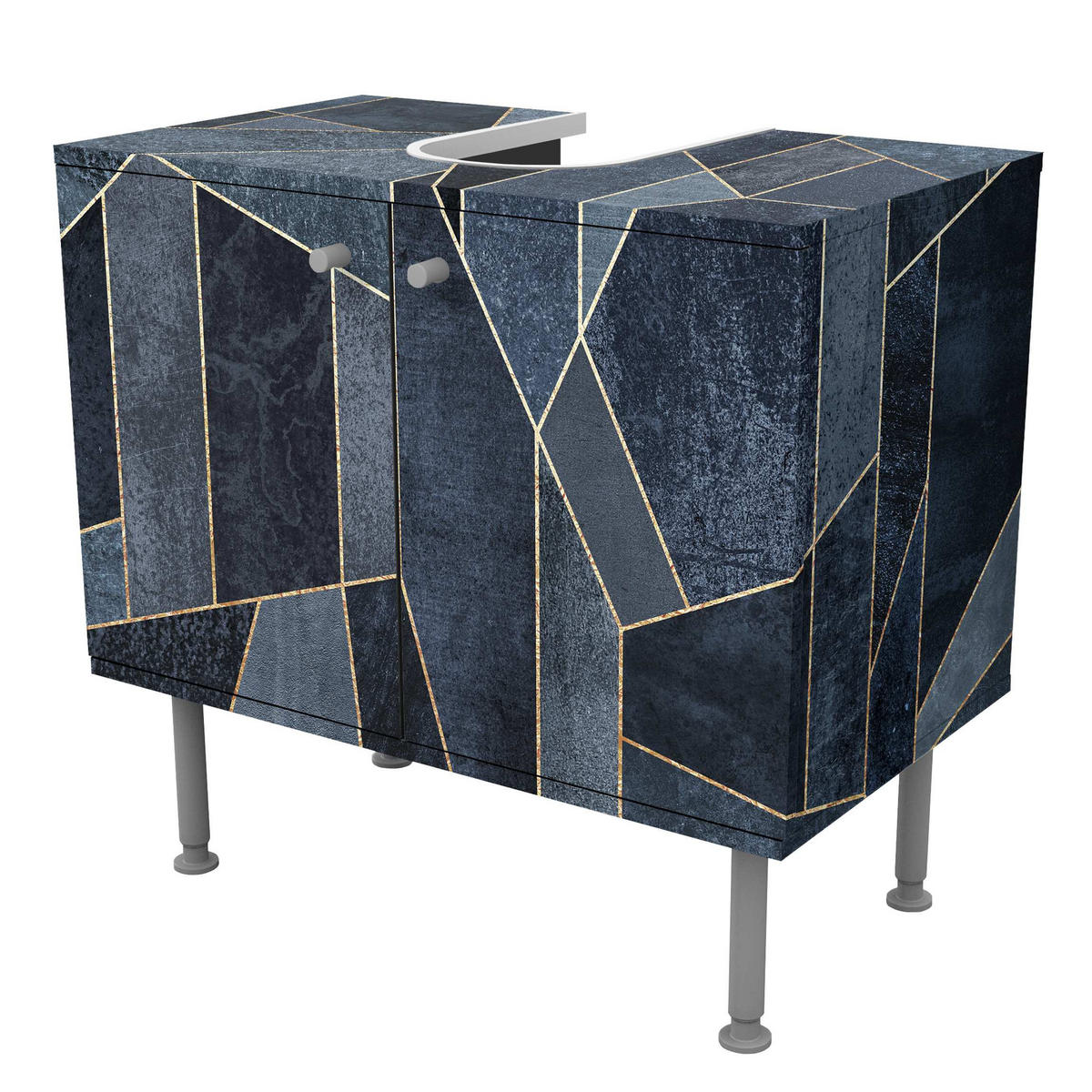WASCHBECKENUNTERSCHRANK Blaue Geometrie Aquarell 60/55/35 cm - Blau, Holzwerkstoff (60/55/35cm) - Bilderwelten