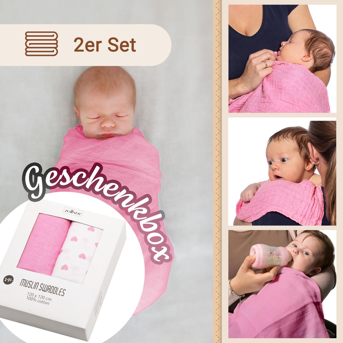 SPUCKTÜCHER, 2er-Set, 120x120 cm, 100% Baumwolle, Rot - Rosa, Textil (120/120cm) - Zollner