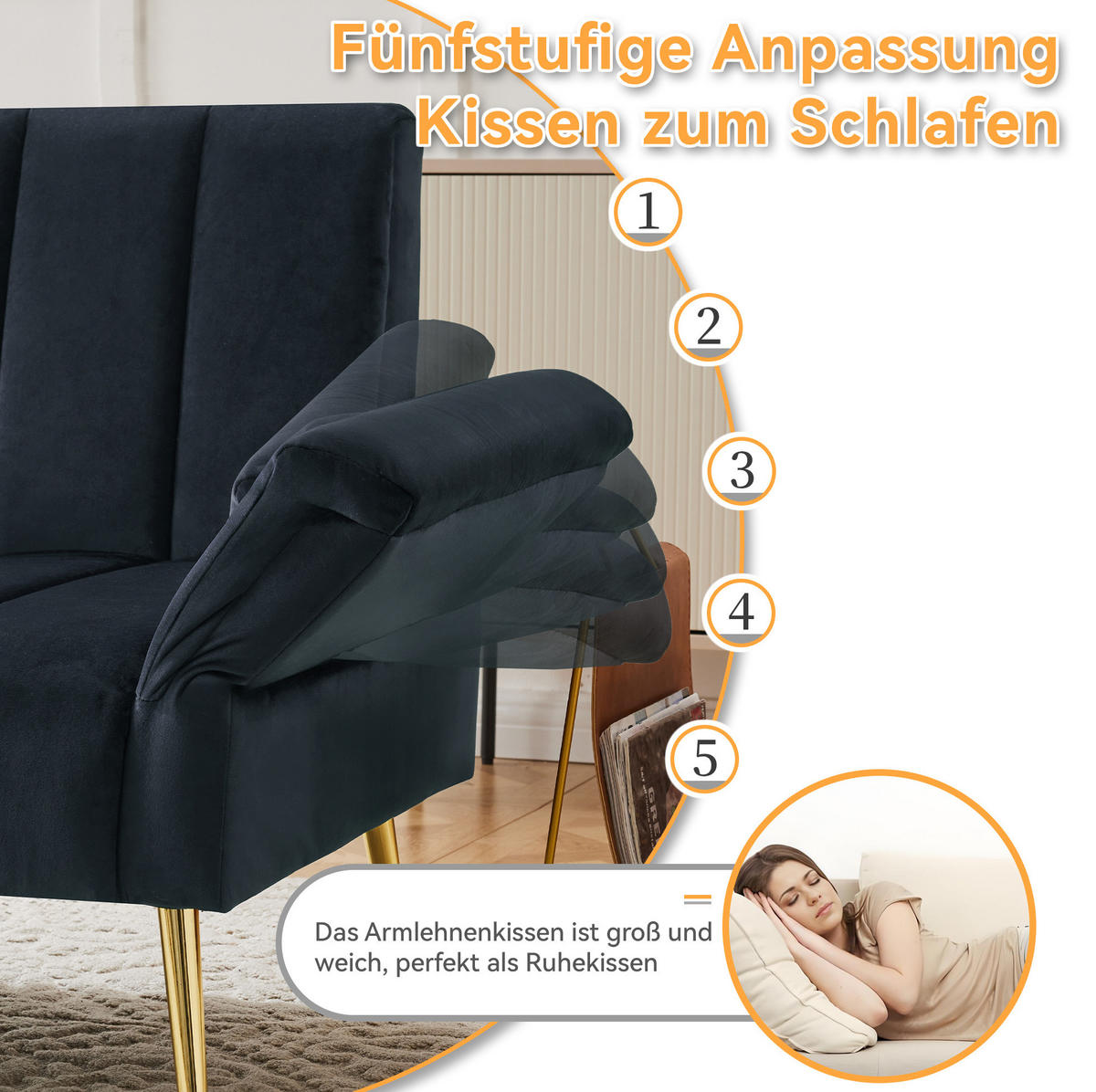SCHLAFSOFA, Samt mit verstellbarer Rückenlehne & Armlehnen, 183/76/75 cm, Schwarz - Schwarz, Textil (76/75/183cm) - Redom