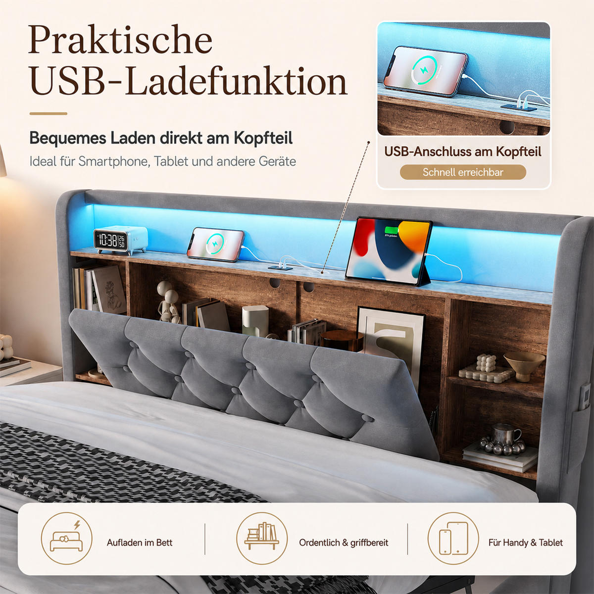 BOXBETT 140/200 mit LED/USB, Kopfteil-Regal & Hydraulik, Samt, Dunkelgrau - Dunkelgrau, Holz (140/200cm) - LVHOM