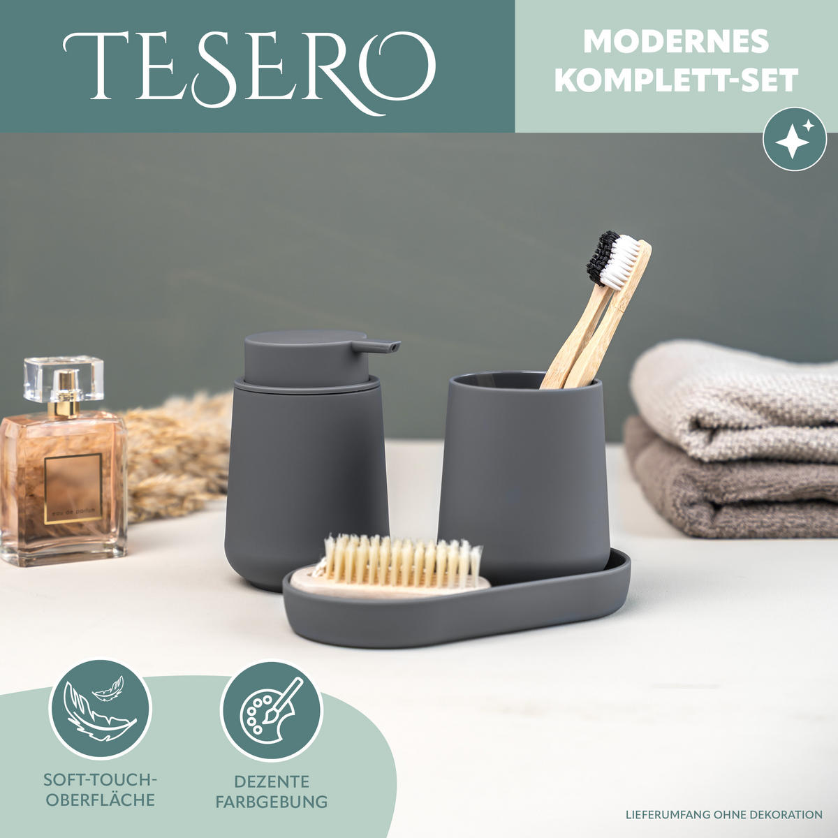 BAD-ACCESSOIRES-SET TESERO, Soft-Touch, grau - Grau, Kunststoff (18.5/13.5/10cm) - eluno