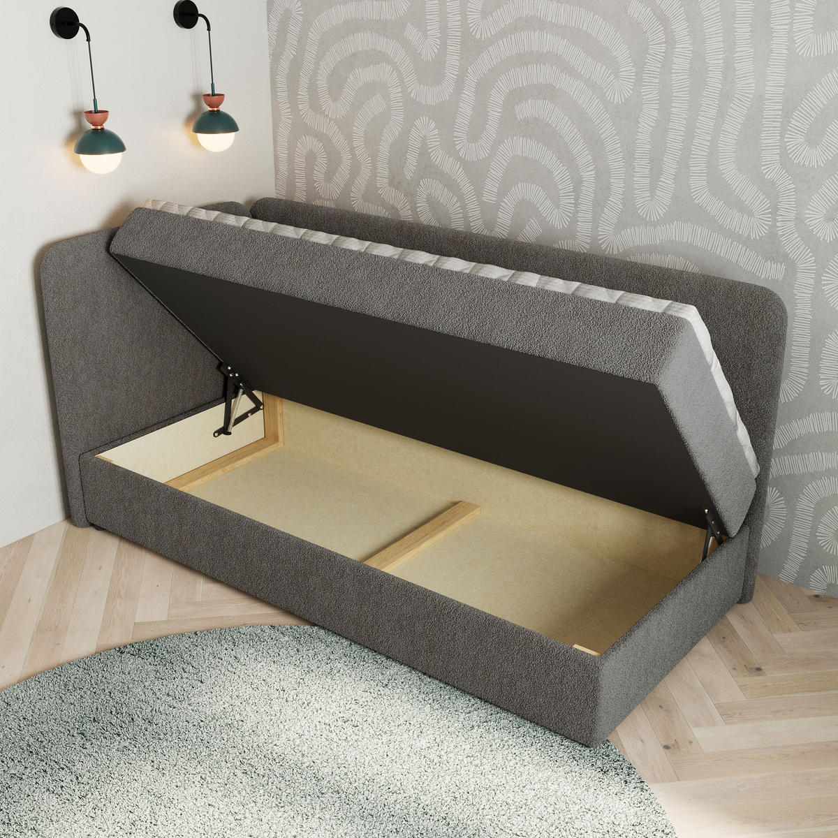 BOXBETT GINA 100x200 cm mit Matratze und Topper, H2+H3 - Grau - Grau, Holz (100/200cm) - MASSENO