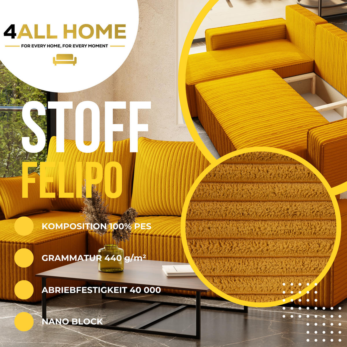 ECKSOFA Tobi mit Bettkasten und Schlaffunktion, L-Form/XL-Form, Cordstoff, Universal - Kupferfarben, Holzwerkstoff (246/145cm) - 4ALL HOME