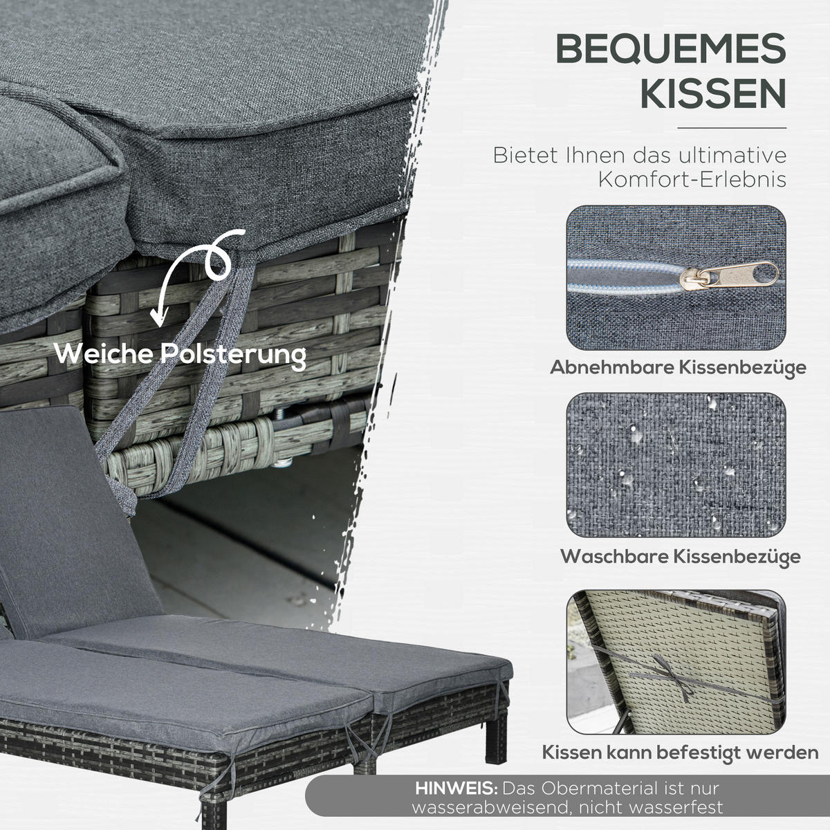 DOPPELLIEGE, Metall, PE, Rattan, Grau - Grau, Metall (120/28/196cm) - Outsunny