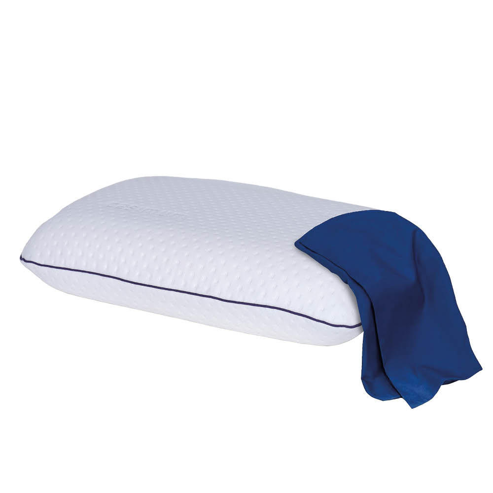 REISEKISSEN SUPER TRAVEL inkl. blauem Baumwoll- Schonbezug, 40x25x10, Rücken- & Seitenschläfer, cosyPUR® Memory Foam - Blau, Textil (25/40cm) - casimum