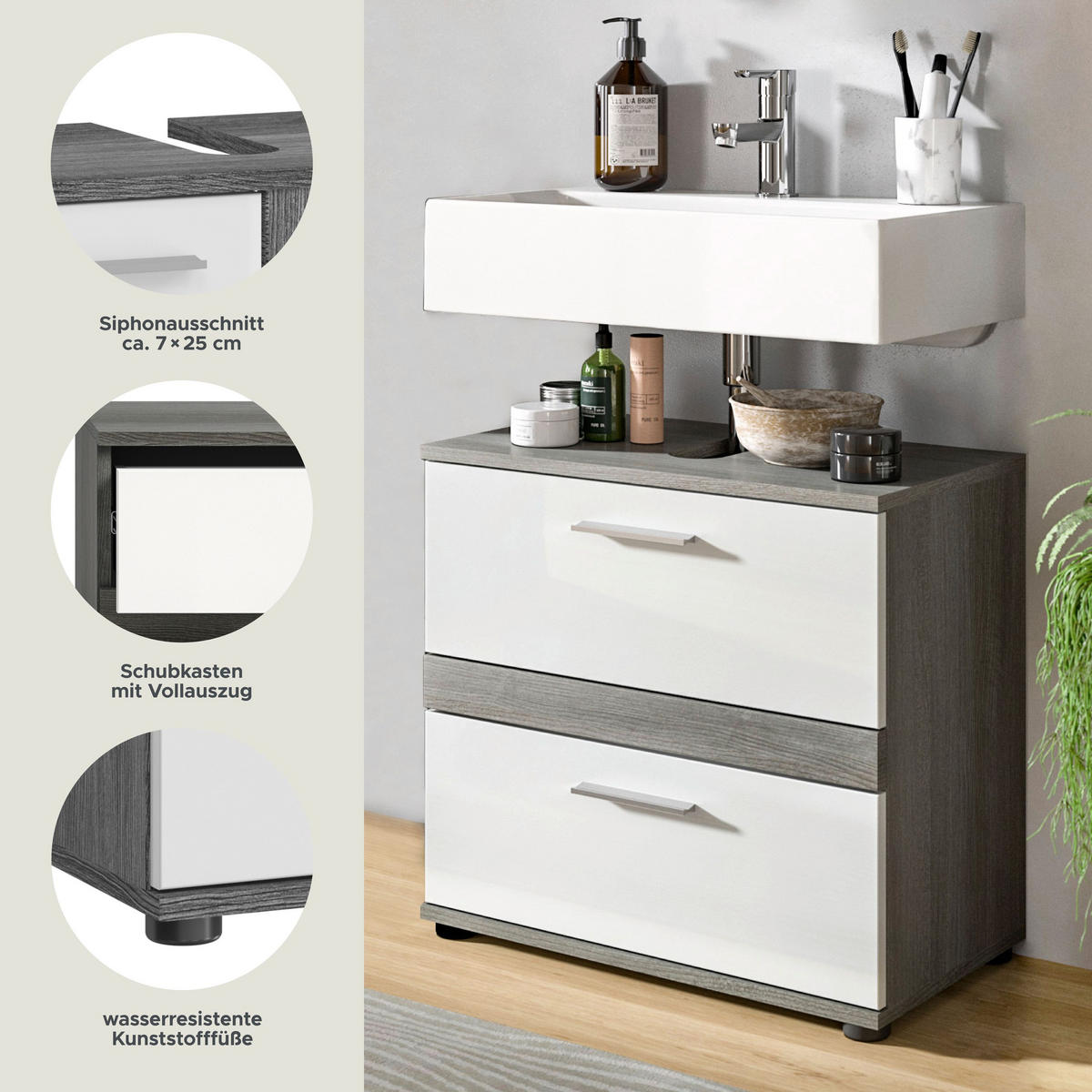 WASCHBECKENUNTERSCHRANK Blake Bad in Rauchsilber Nb. und weiß hochglanz B/H/T: 60x57x34 cm - Silberfarben, Holz (60/57/34cm)
