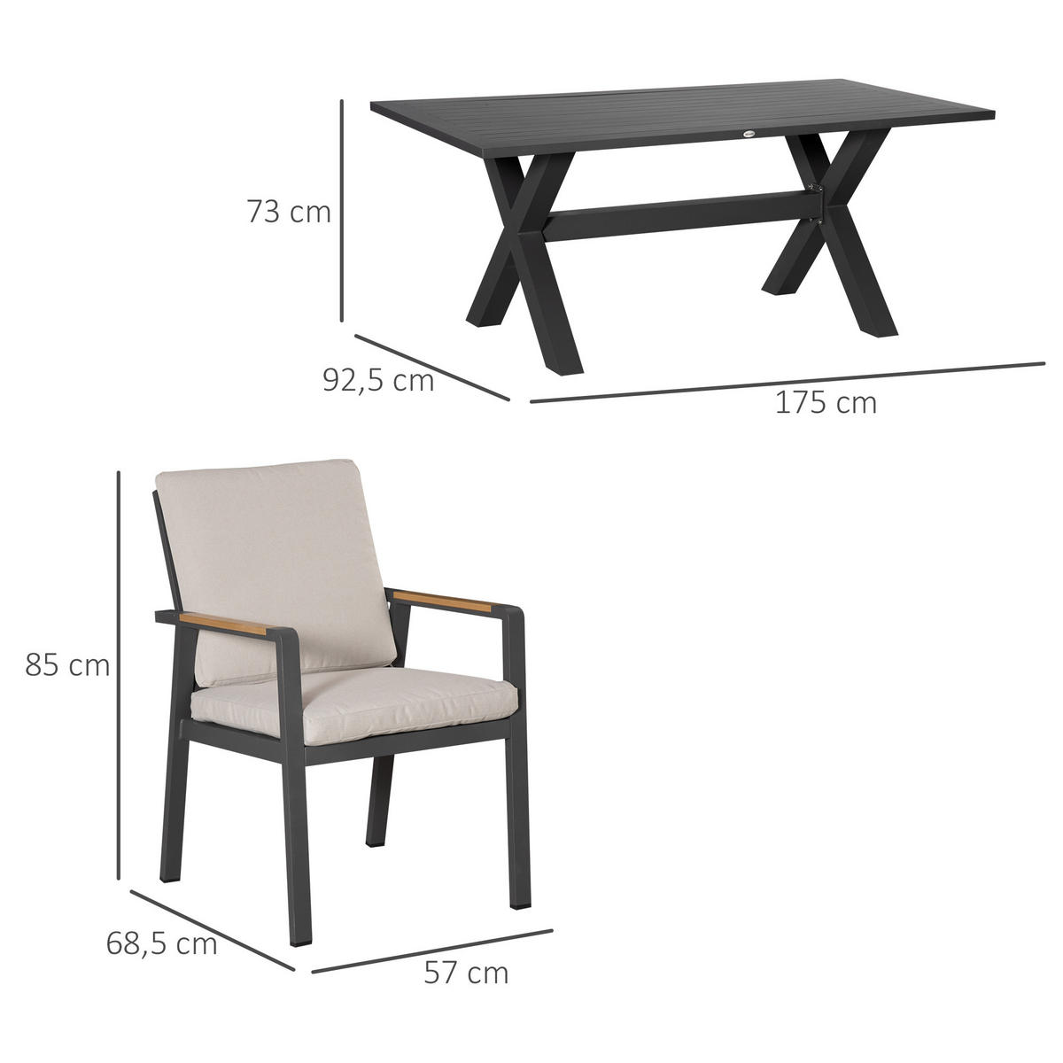 GARTENMÖBEL-SET Grau 175.0/92.0/73.0cm - Grau, Metall