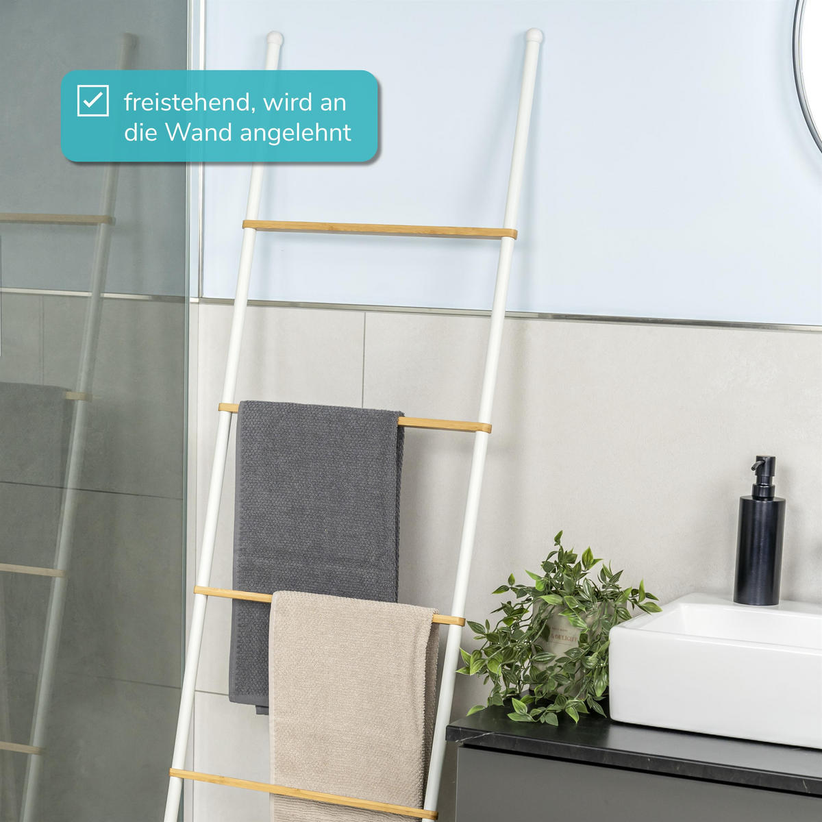 HANDTUCHLEITER, Bambus/Metall, weiß - Weiß, Holz (44.5/164.5/2.5cm) - eluno