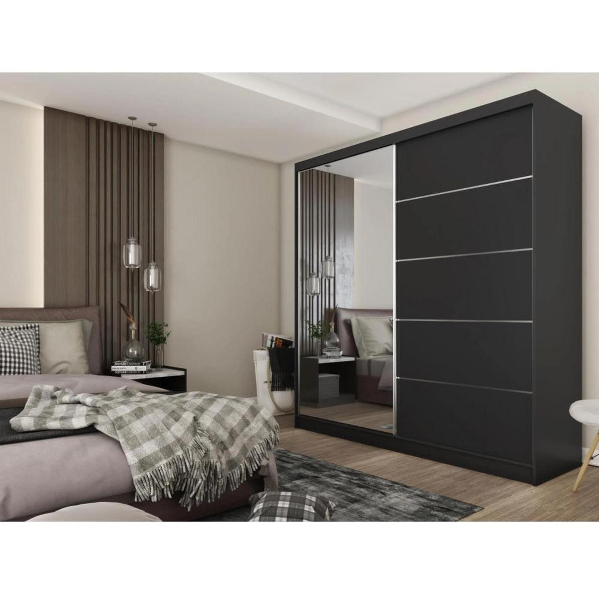 SCHWEBETÜRENSCHRANK Marika 200/216/61 schwarz mit Spiegel und Schubladen - Schwarz, Holzwerkstoff (200/216/61cm) - Beautysofa