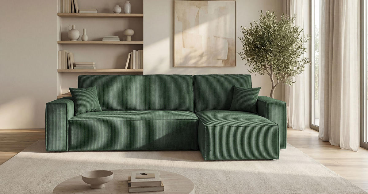 ECKSOFA CALIFORNIA MINI rechts grün Cord Poso 14 - Schlaffunktion, Bettkasten - Grün, Textil (245/139cm) - Cornero