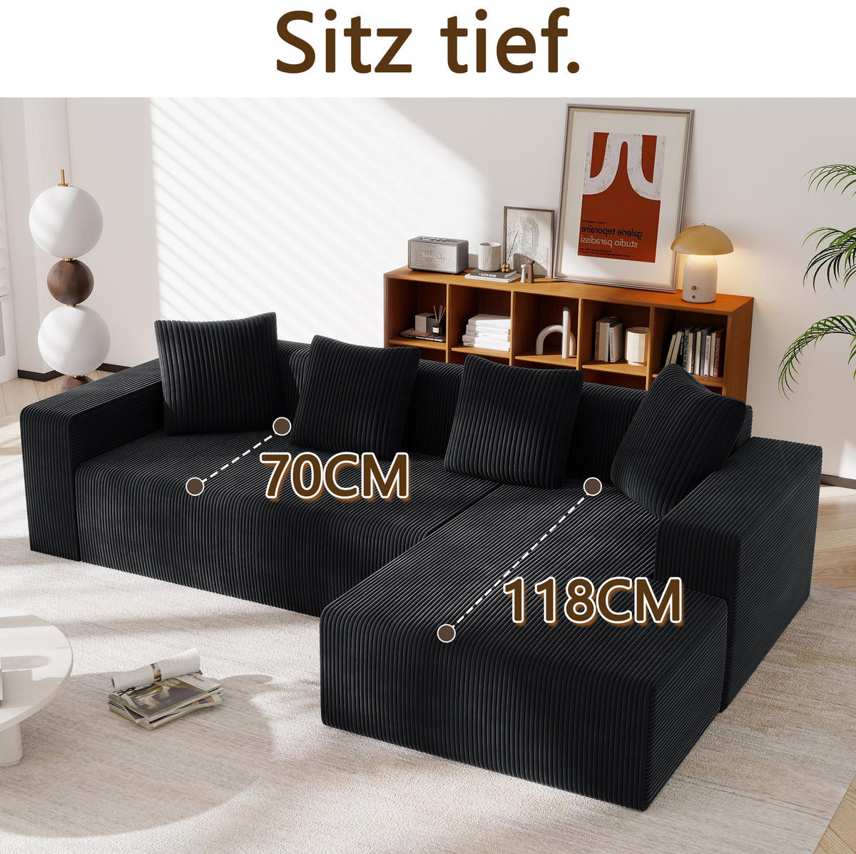 ECKSOFA 261/146/65 cm schwarz aus Cord mit Ottomane und Kissen - Schwarz, Textil (146/261cm) - OKWISH