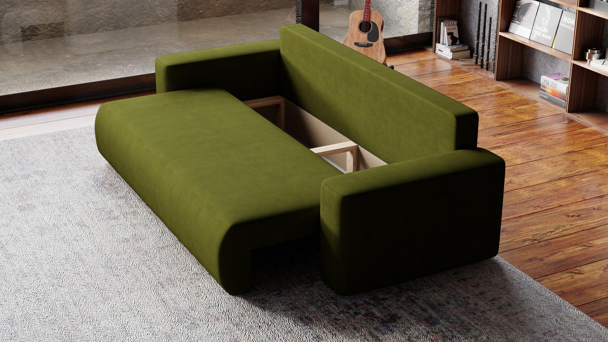 SOFA Bubi mit Bettkasten und Schlaffunktion, Velourstoff - Olivgrün, Holzwerkstoff (242/85/95cm)