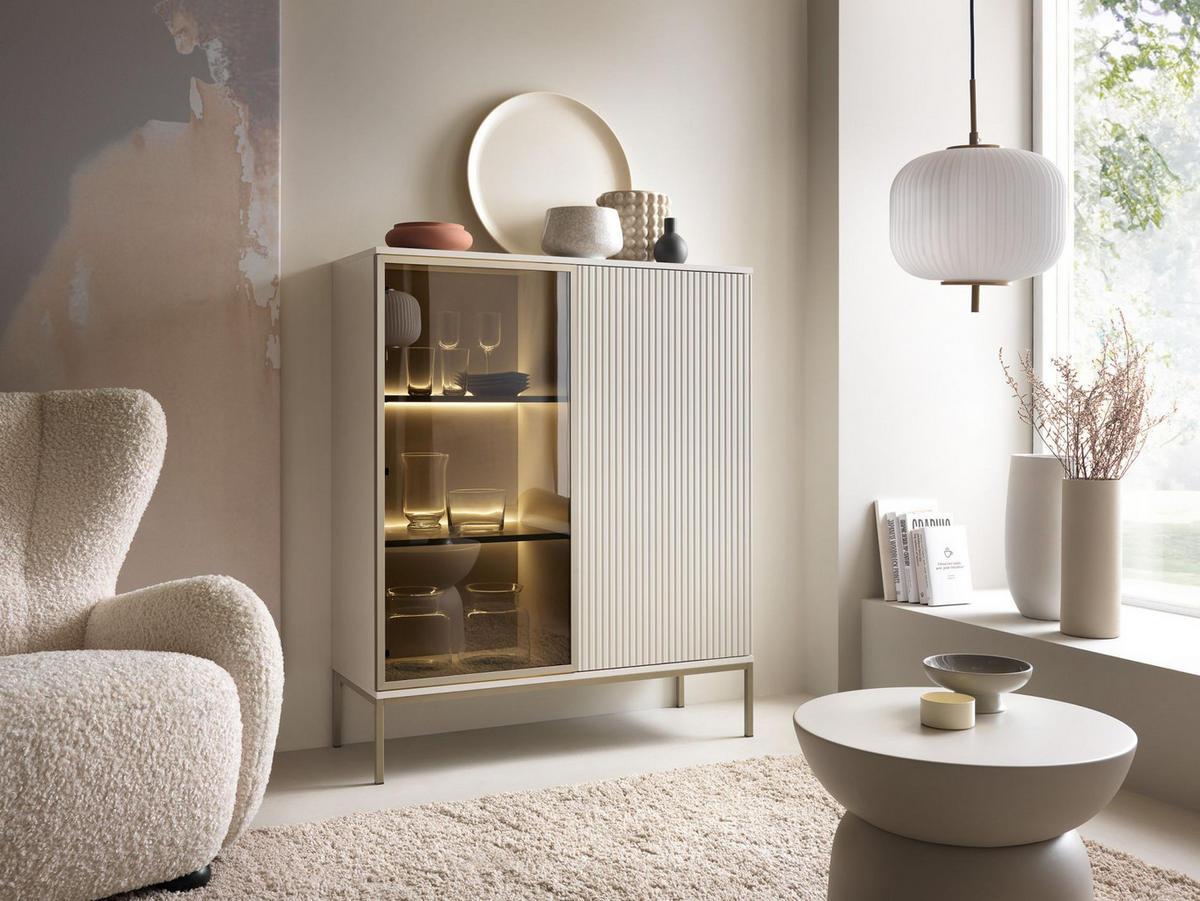 VITRINE Tosena Greige mit LED - Kaschmir/Goldfarben, Holzwerkstoff/Metall (104/126/39cm) - Selsey