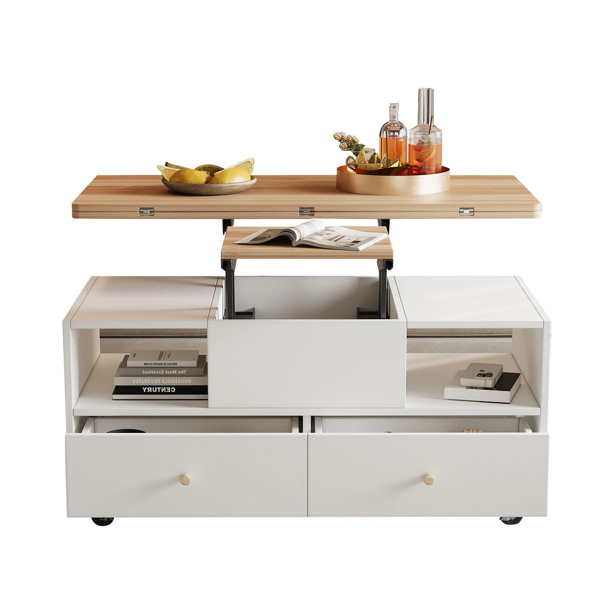 COUCHTISCH 100/50/47,5 cm mit klappbarer Oberfläche und 4 Schubladen, höhenverstellbar aus MDF in Holzfarbe - Naturfarben, Holzwerkstoff (100/50/47.5cm) - OKWISH