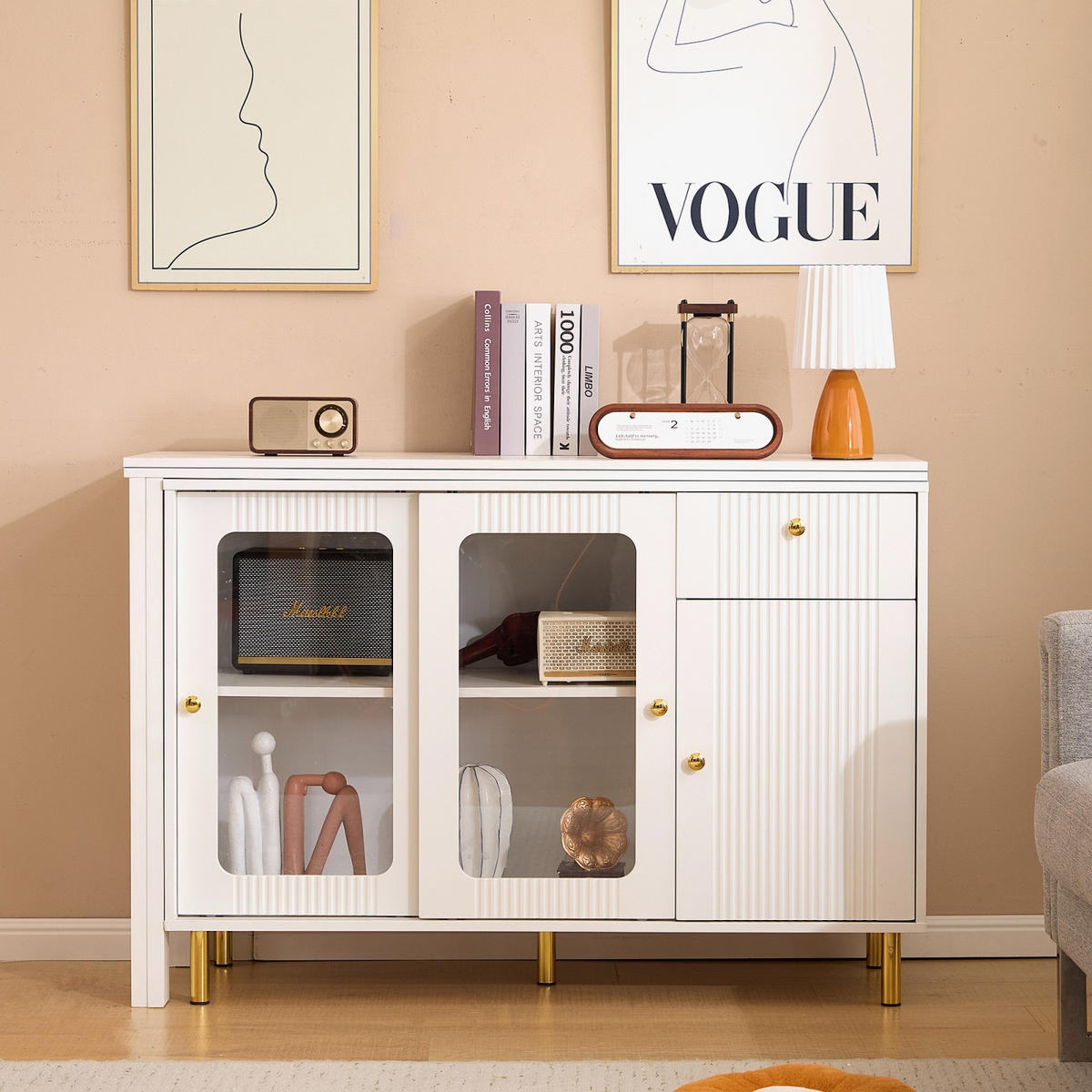 SIDEBOARD Weiß, Klappplatte, Glastüren, Goldfüße - Weiß, Holz (122/82/40cm)