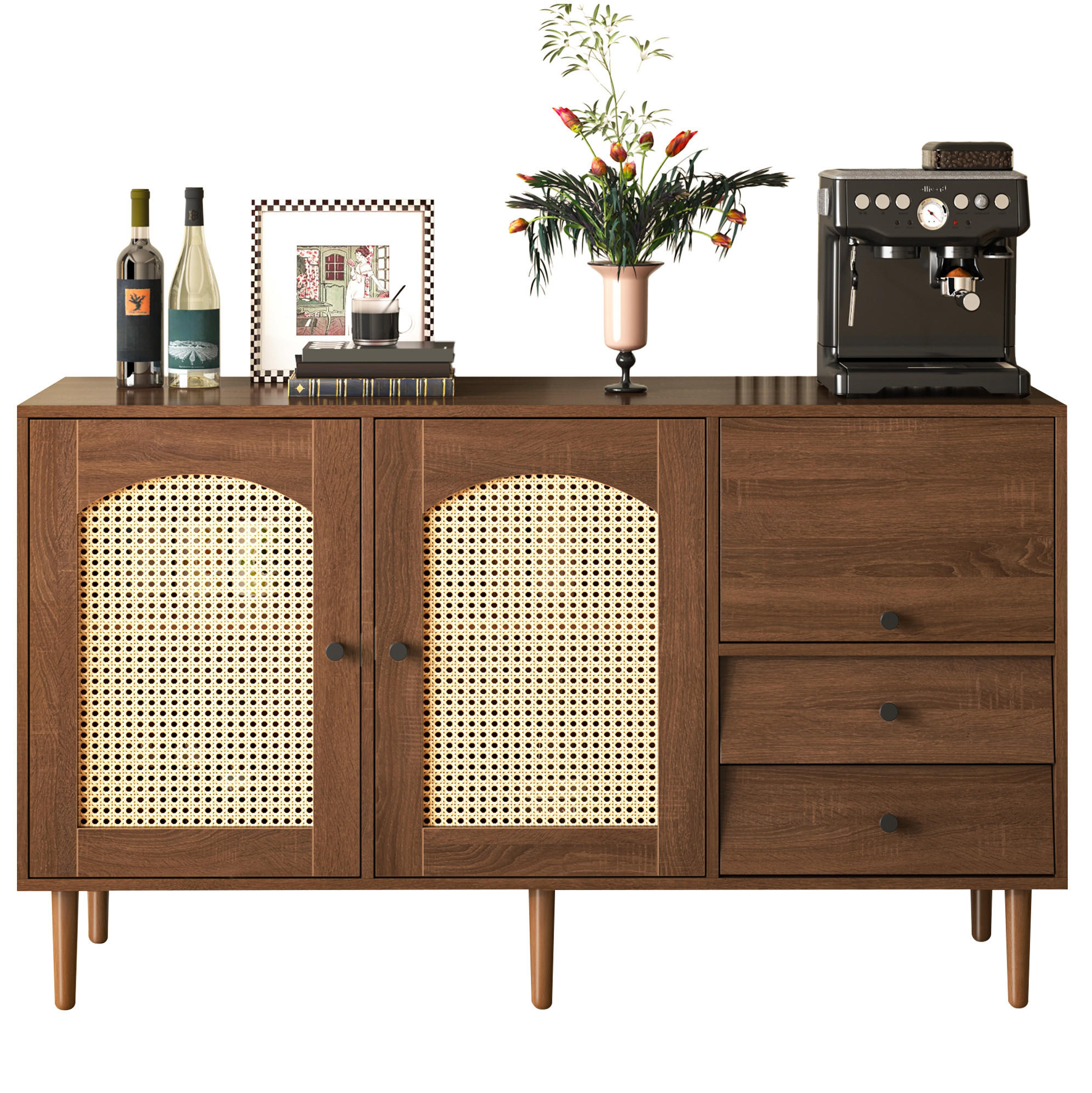 SIDEBOARD im Landhausstil 130 x 40 x 75,5 cm Holzoptik mit Rattantüren - Braun, Holzwerkstoff (130/75.5/40cm) - Meubliv
