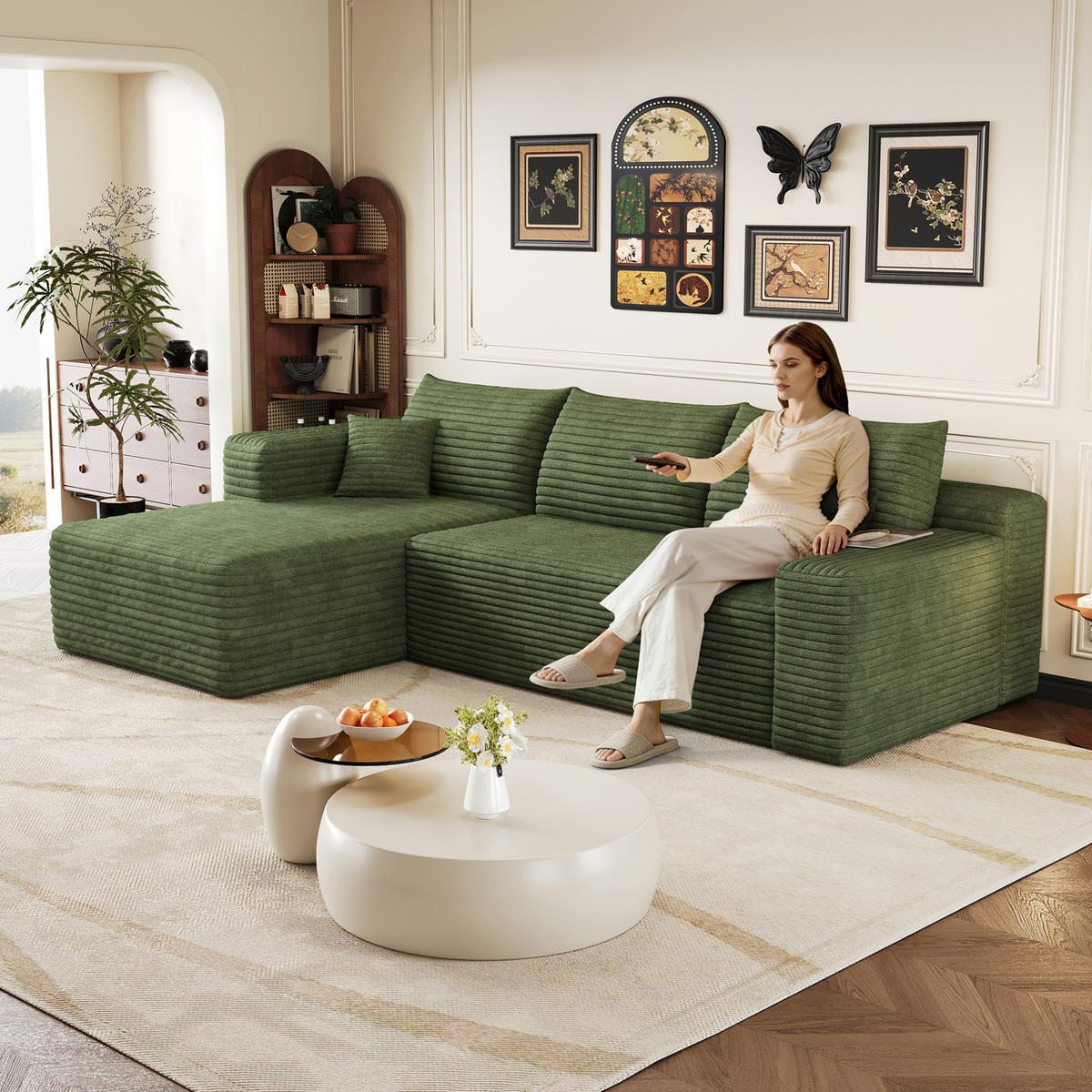 ECKSOFA 241 cm aus Stoff mit Cordbezug und Chaiselongue Grün - Grün, Textil (151/241cm) - Modenvie