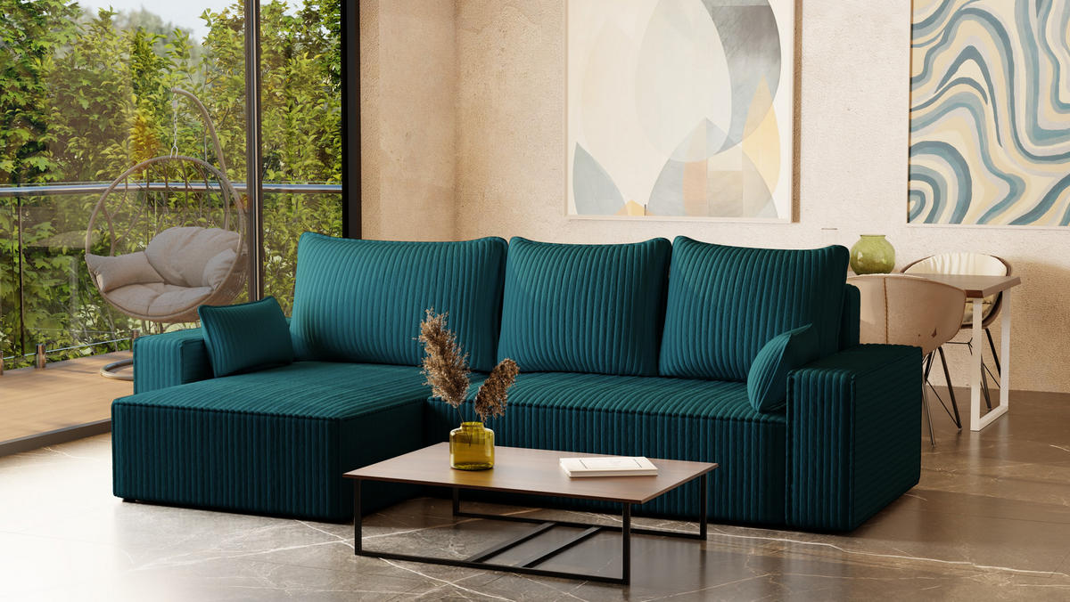 ECKSOFA Tobi mit Bettkasten und Schlaffunktion, L-Form/XL-Form, Cordstoff, Universal - Blau, Holzwerkstoff (276/145cm) - 4ALL HOME