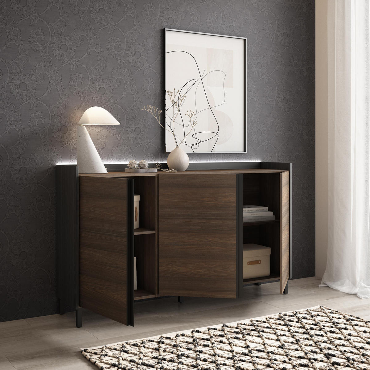 SIDEBOARD, Dunkler Eiche und Schwarz, 156/35/91cm, mit Beinen - Dunkelbraun, Holzwerkstoff (156/91/35cm) - Skraut Home