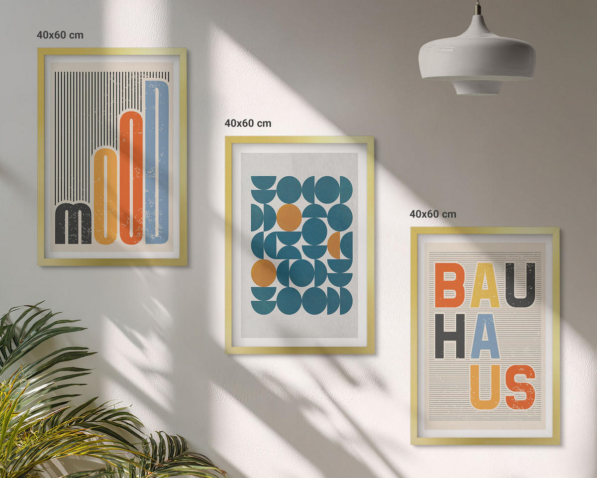 WANDBILDER 3er Set - 40x60 cm Goldrahmen - Geometrische Muster im Bauhaus-Stil - Goldfarben, Kunststoff (40/60cm) - ArtPrintCave