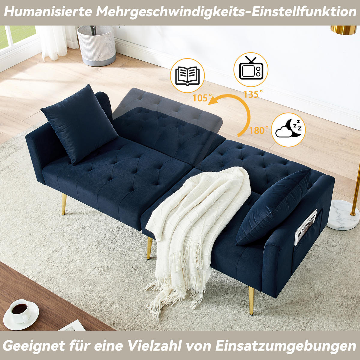 SCHLAFSOFA 177/78/74 cm in Blue Samt mit Aufbewahrungstasche - Blau, Textil (78/74/177cm) - Oxeza