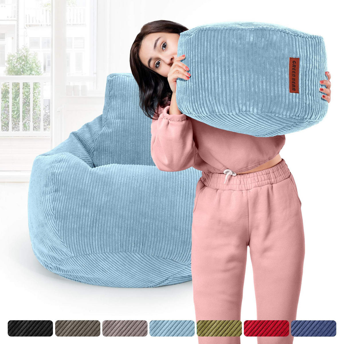 LOUNGE-SITZSACK Cozy + Fußhocker - Hellblau, Textil (80/90/90cm) - Green Bean