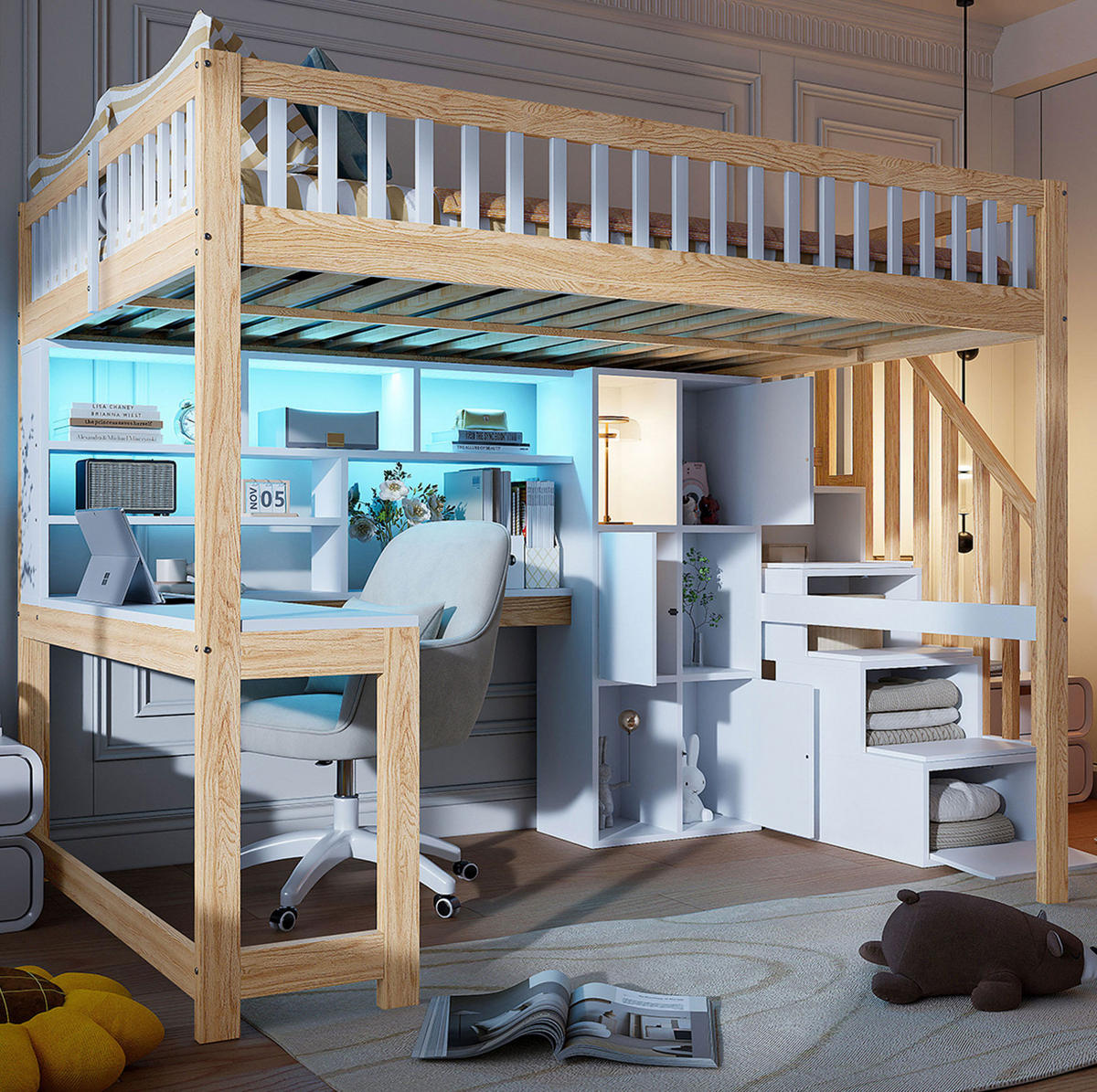 HOCHBETT 140/200 cm aus Kiefernholz und MDF mit Schreibtisch und LED-Beleuchtung Weiß/Natur - Naturfarben, Holz (140/200cm) - Modenvie