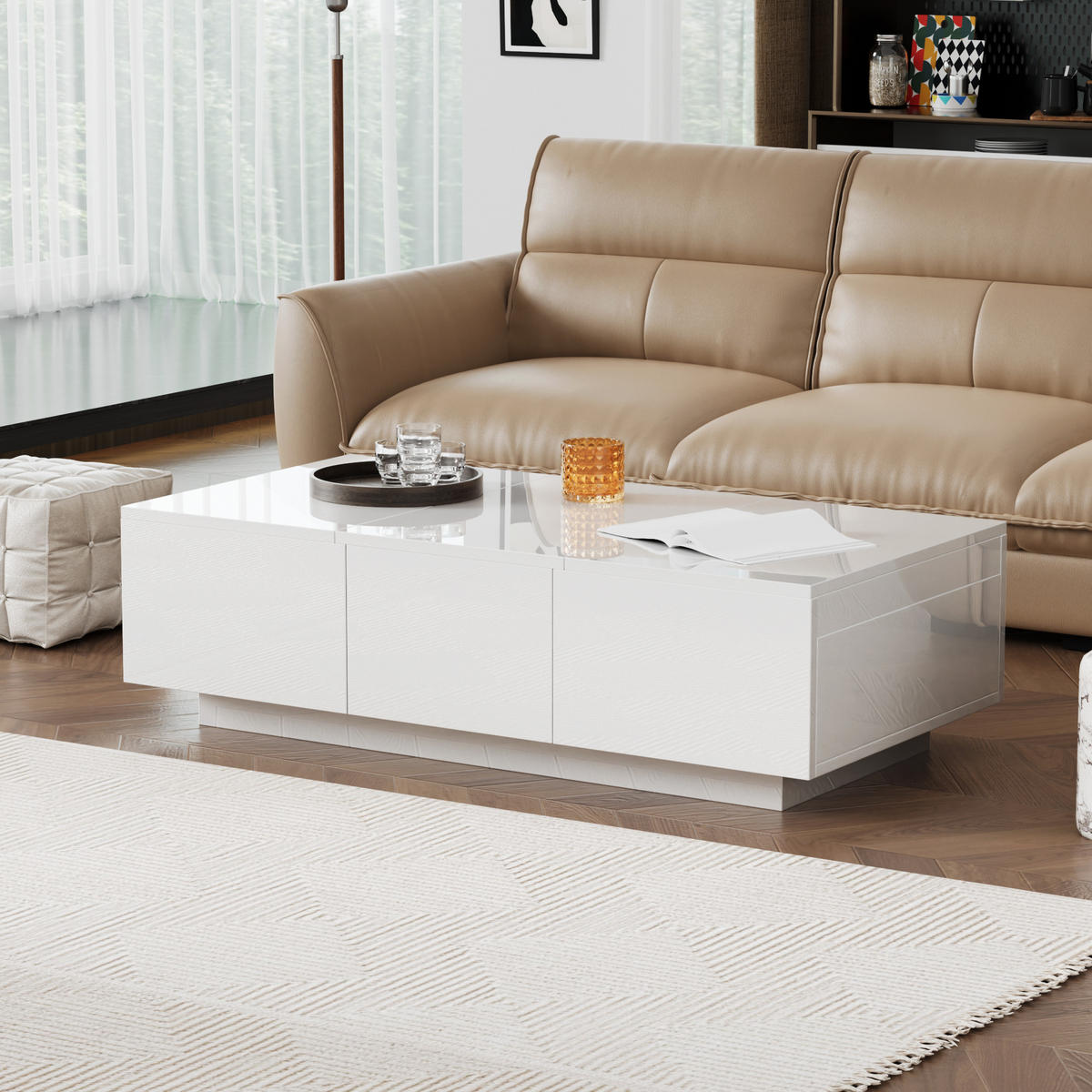 COUCHTISCH in Weiß mit Schubladen und Schiebefach für Wohnzimmer, B100/T50/H31 cm - Weiß, Holzwerkstoff (50/100/31cm) - STILVORA