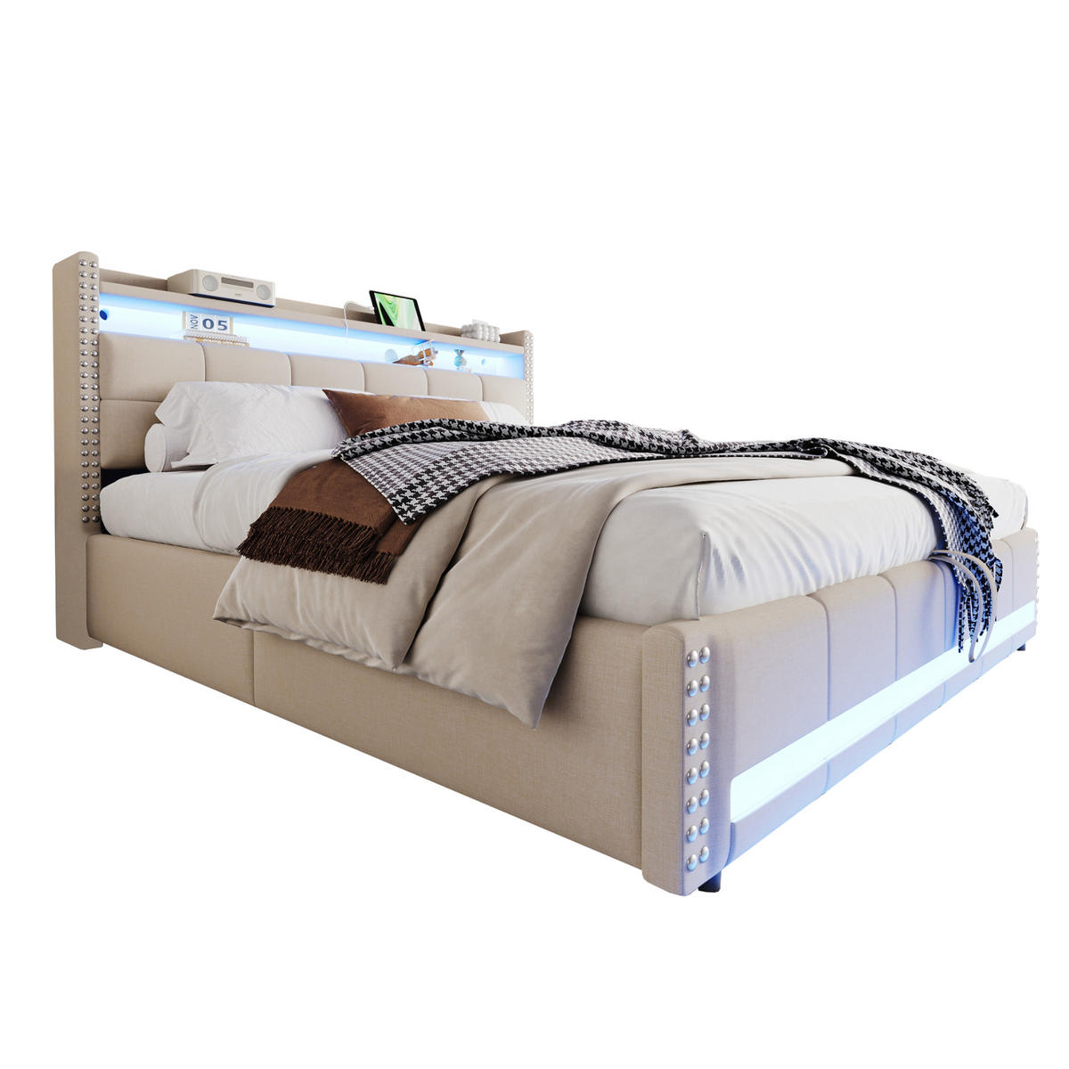 POLSTERBETT 180/200 cm Beige mit LED-Beleuchtung und USB- und Type-C-Anschlüssen - Beige, Textil (180/200cm) - OKWISH
